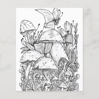 Mushroom Garden Butterfly Colouring Page