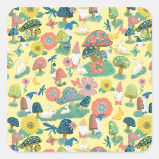Mushroom, gnomes, bunnies garden party square sticker