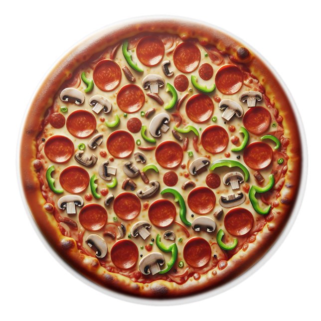 Mushroom, Green Peppers and Pepperoni Pizza Ceramic Knob (Front)