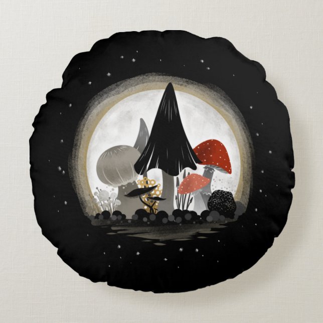 Mushroom Harvest Moon Pillow - Round w/ Sky (Front)