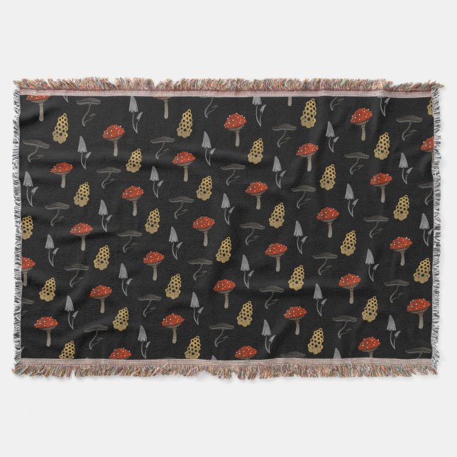 Mushroom Harvest Throw Blanket - Black (Front)