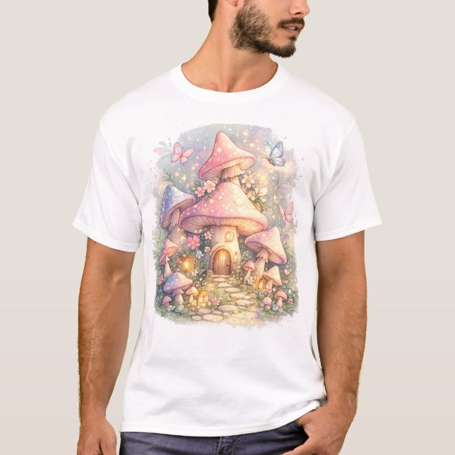 Mushroom Home with Butterfly  Whimsical Fair T-Shirt (Front)