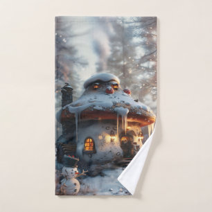 Mushroom house in the snow hand towel