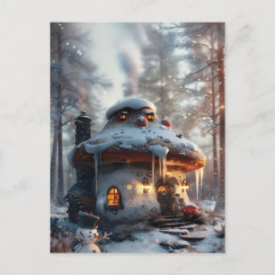 Mushroom house in the snow postcard