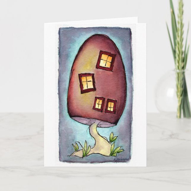 Mushroom House Watercolor Greeting Card (Front)