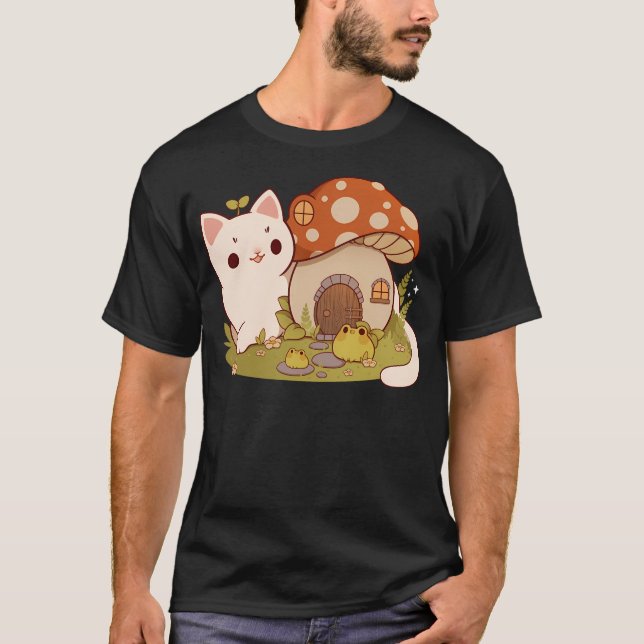 Mushroom House With Cat And Frog Friends T-Shirt (Front)