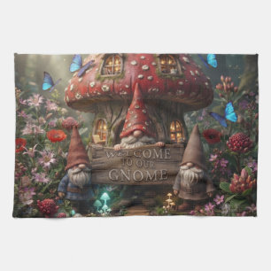 Mushroom House With Gnomes And Welcome Sign Kitchen Towel