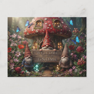 Mushroom House With Gnomes And Welcome Sign Postcard