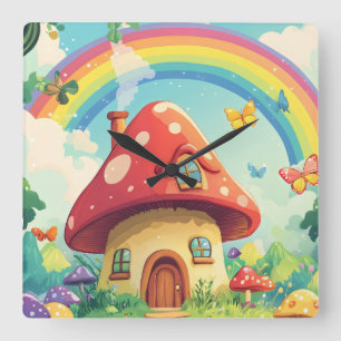 Mushroom houses and rainbow 10 square wall clock