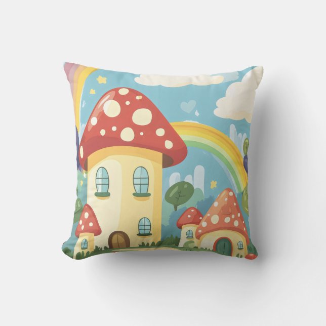 Mushroom houses and rainbow 12 throw pillow (Front)