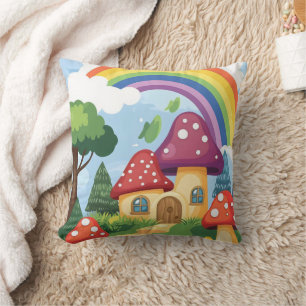 Mushroom houses and rainbow 2 throw pillow