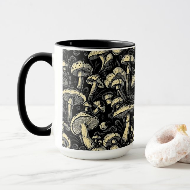 Mushroom Magic: Bold Black & White Coffee Mug (With Donut)