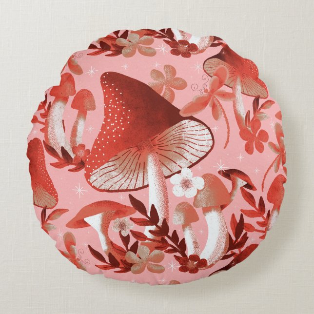 Mushroom Magic pink and red Round Pillow (Front)