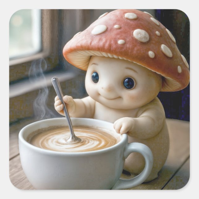 Mushroom Munchkin Stirring Morning Coffee Square Sticker (Front)
