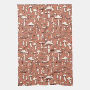 Mushroom Print on Terracotta Brown Kitchen Towel