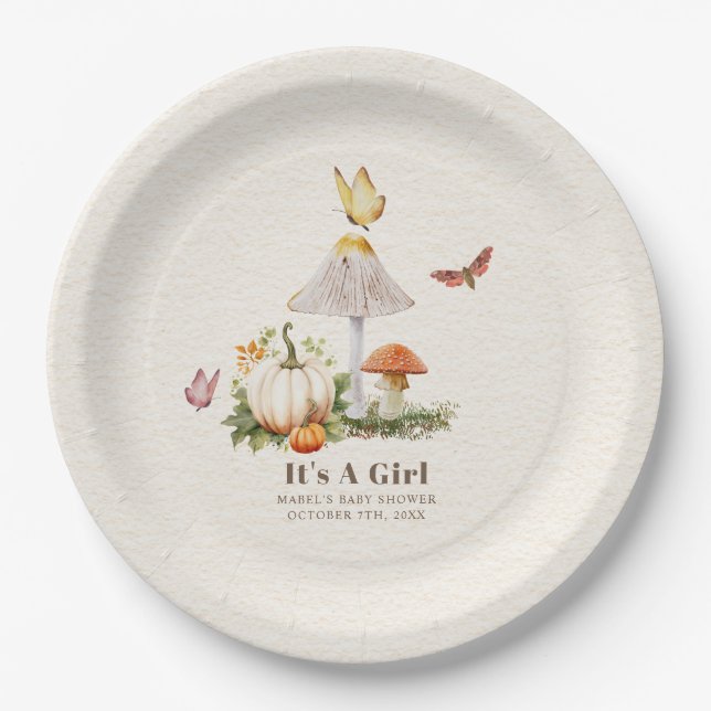 Mushroom Pumpkin Butterfly Woodland Baby Shower Paper Plate (Front)