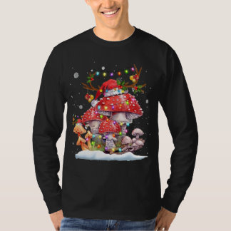 Mushroom Reindeer Santa Hat Xmas Lights Gift Mushr T-Shirt