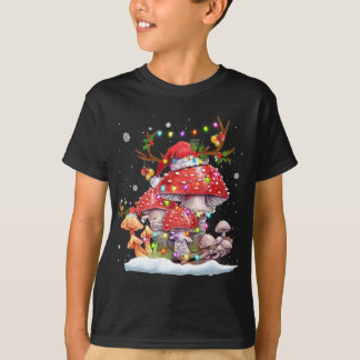 Mushroom Reindeer Santa Hat Xmas Lights Gift Mushr T-Shirt