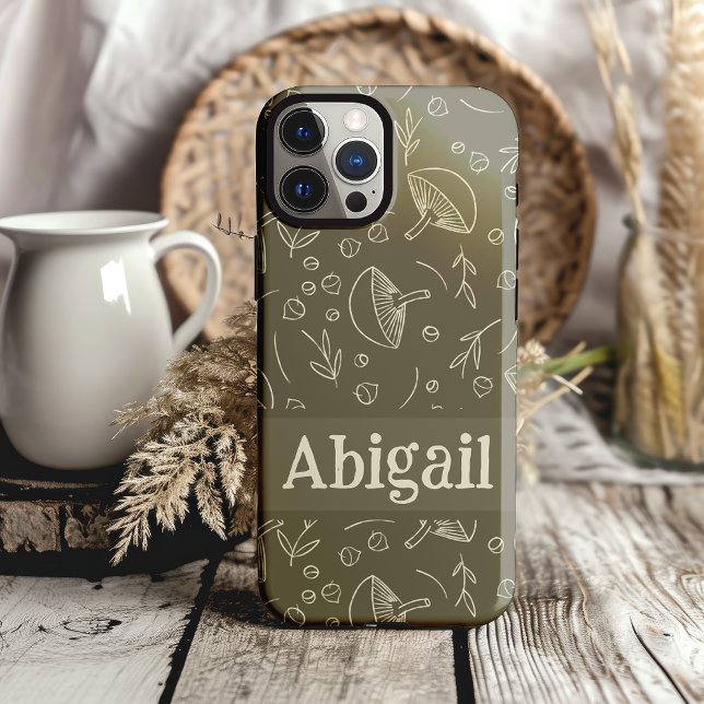 Mushroom Sage Green Woodland Design Funky Boho Case-Mate iPhone Case (cottagecore mushroom personalized phone case)