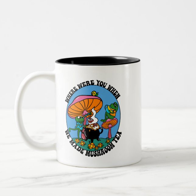 Mushroom Tea Trippy 70s Frogs Rainbow Two-Tone Coffee Mug (Left)