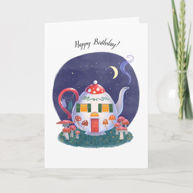 Mushroom Teapot Cottage Birthday Card (Front)