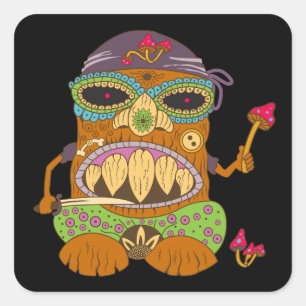 Mushroom Tiki Chef, Funny Black Square Sticker