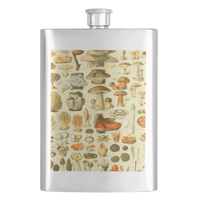 Mushroom Vintage Toadstool Antique Illustration Hip Flask (Front)