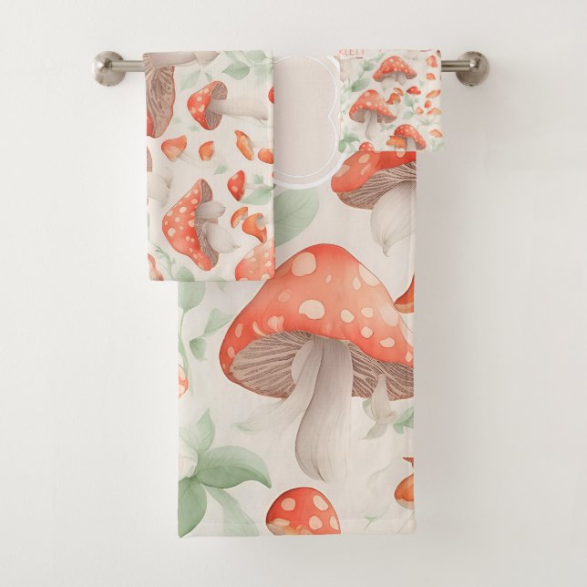 Mushroom Watercolor Colourful Personalized Pattern Bath Towel Set (Insitu)