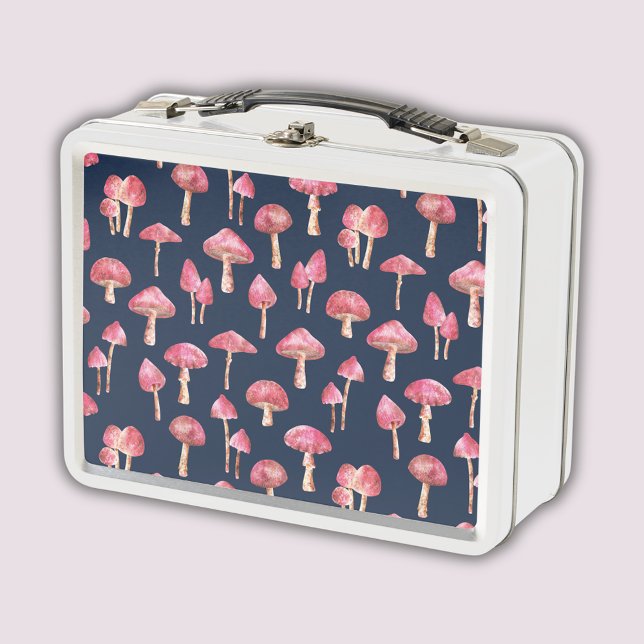 Mushroom Watercolor Pattern Metal Lunch Box (Pink mushroom fairy core woodland pattern metal lunchbox with navy blue background)