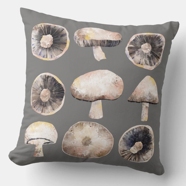 Mushroom Watercolor Throw Pillow (Mushroom toadstool fungi throw pillow)