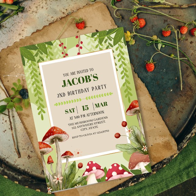 Mushroom woodland forest Boy 2nd Birthday Invitation (Creator Uploaded)