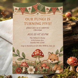 Mushroom Woodland Fox Boys Fifth Birthday Invitation