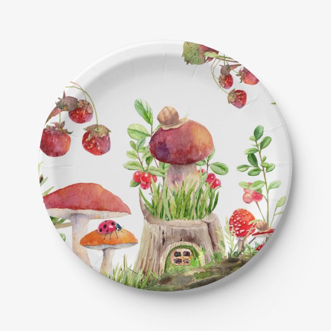 Mushroom Woodland Insects Baby Shower Paper Plate (Front)