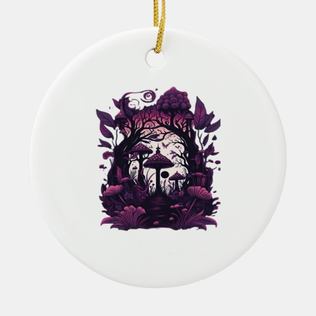 Mushroom Woods Whimsigoth Witchy Screenprint Desig Ceramic Ornament (Front)