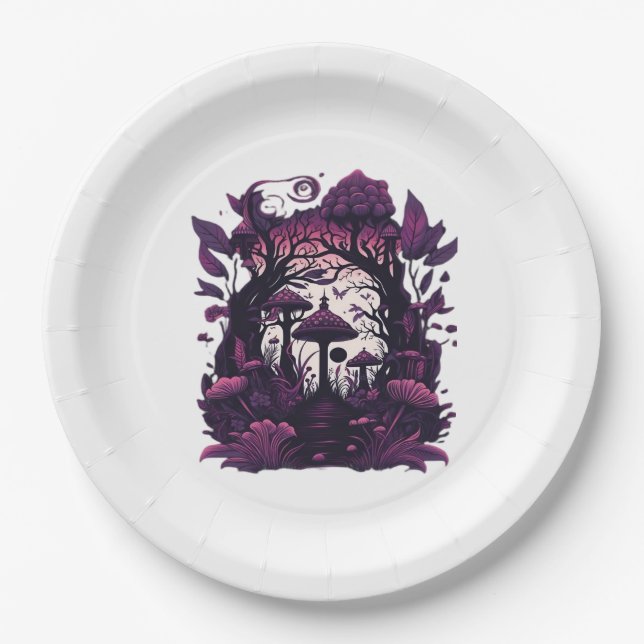 Mushroom Woods Whimsigoth Witchy Screenprint Desig Paper Plate (Front)