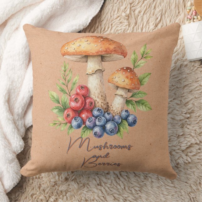 Mushrooms and Berries on Brown Throw Pillow (Blanket)