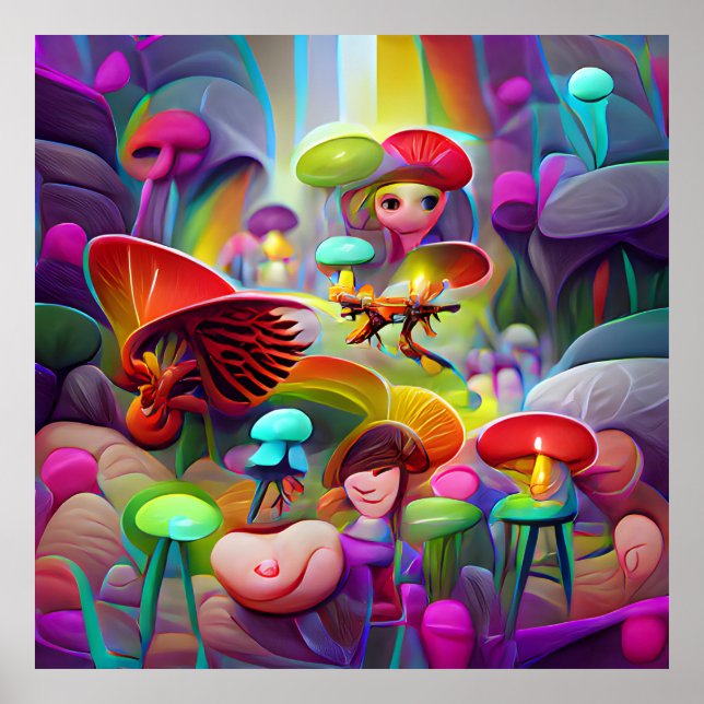 Mushrooms and fairies cartoon artwork   poster (Front)