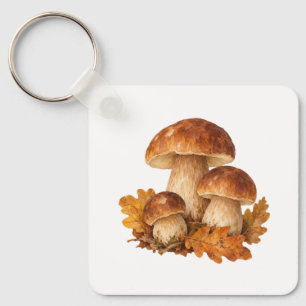 Mushrooms and Fallen Oak Leaves Keychain