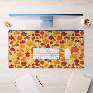 Mushrooms and Falling Leaves Enchanted Autumn Desk Mat