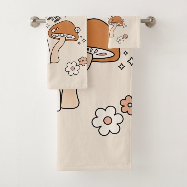 Mushrooms And Flowers Earth Tones Beige Retro 70s Bath Towel Set (Insitu)