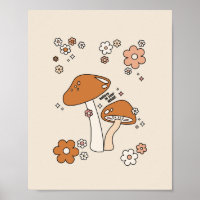 Mushrooms And Flowers Earth Tones Beige Retro 70s