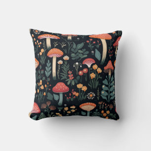 Mushrooms and Foliage on Black Background Throw Pillow
