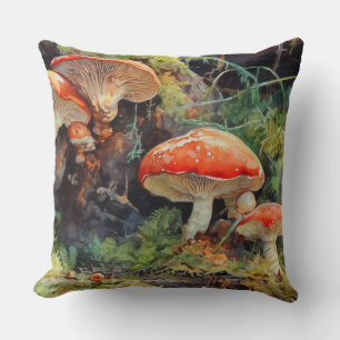 Mushrooms and Logs Cottagecore Throw Pillow
