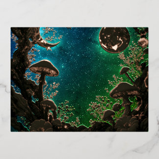 Mushrooms and Moons Teal Blue Fairycore Foil Holiday Postcard