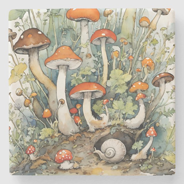 Mushrooms and Snails nature lovers mushroom art    Stone Coaster (Front)