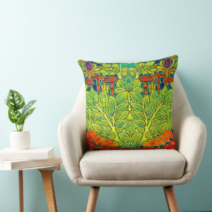 Mushrooms Bird Retro Art Nouveau Pattern by Voysey Throw Pillow