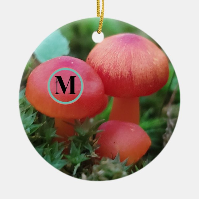 Mushrooms Bright Red With Monogram Ceramic Ornament (Front)