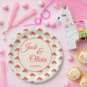 Mushrooms Cute Retro Kawaii Custom Couple Name  Paper Plate