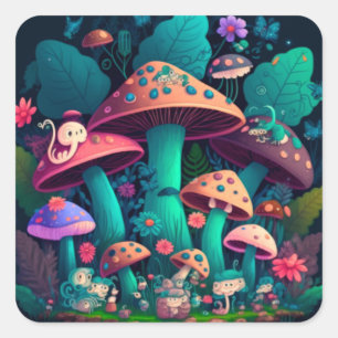 Mushrooms elfs  in the field   square sticker