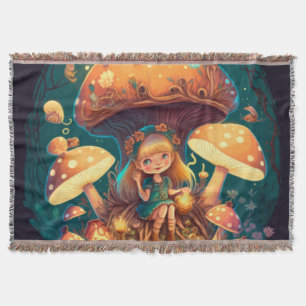 Mushrooms elfs in the field throw blanket